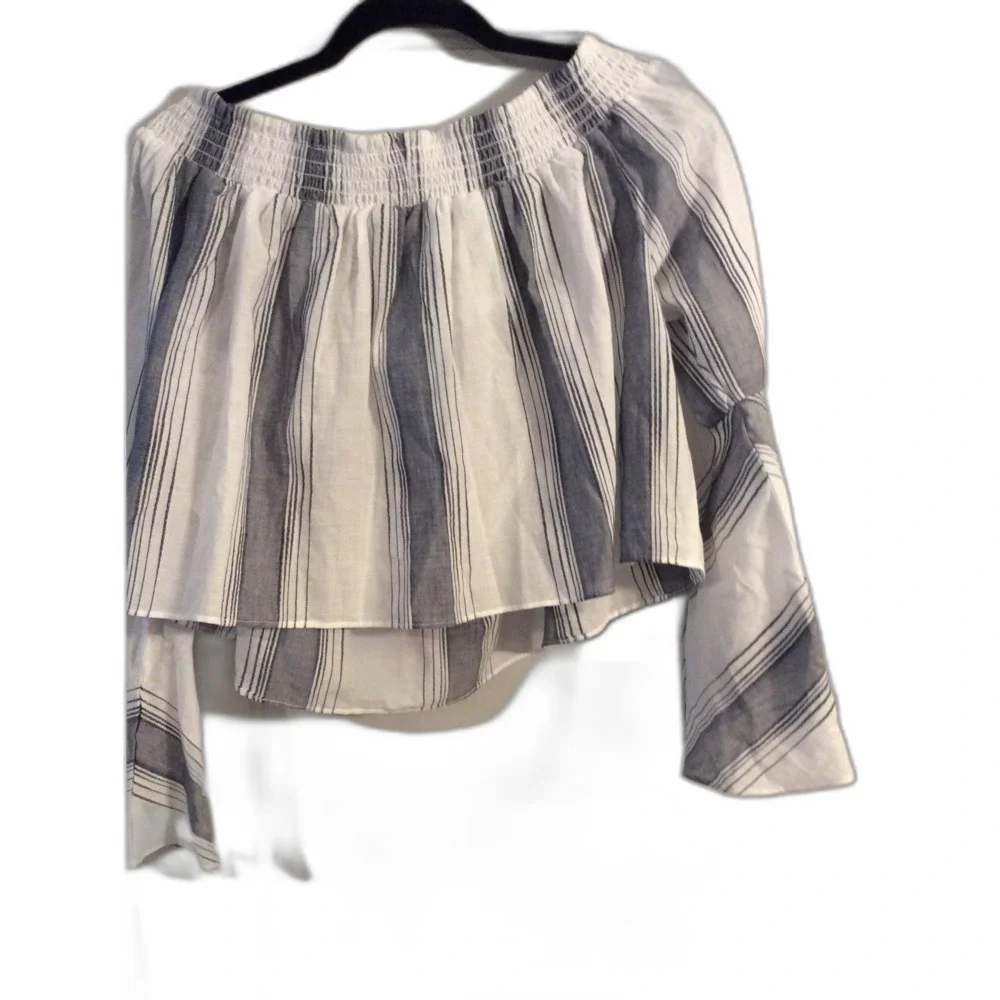 New NWT ANTHROPOLOGIE LILKA TOP PLAYA POM POM OFF SHOULDER BELL STRIPE  L Large